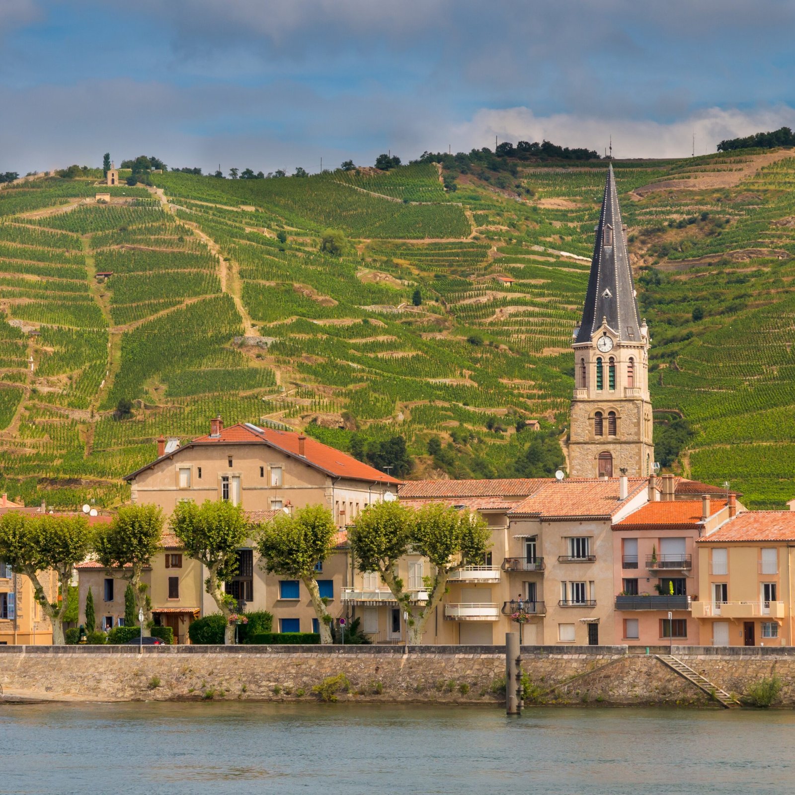 A view of a village in the foothills of a large vineyard exemplifies a Rhone river cruise experience.